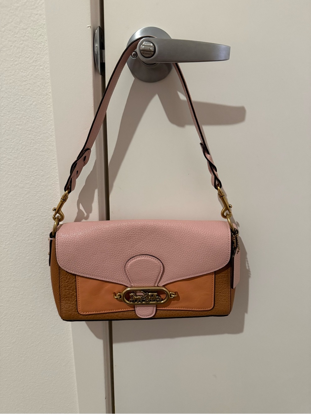 Coach Colorblock Pebble Leather Shoulder Bag in Pink and Brown